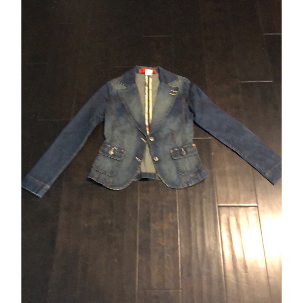Level 99 Distressed Stretch Denim Button Blazer - Picture 3 of 7